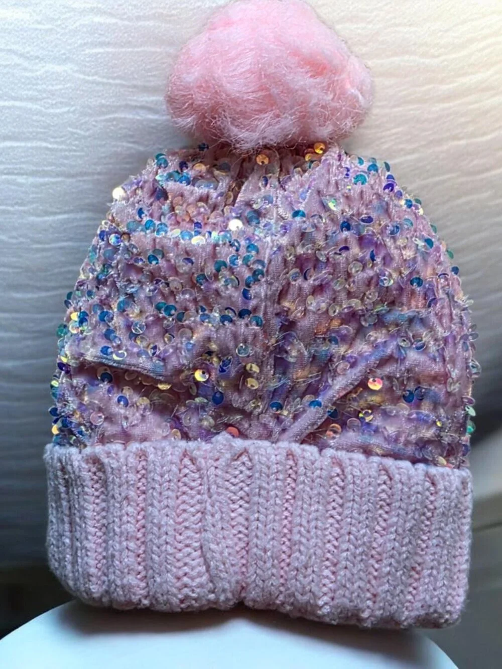 NWOT JUSTICE (OSFA) Girls Pink Iridescent Sequined Hat with Puff Pom Pom